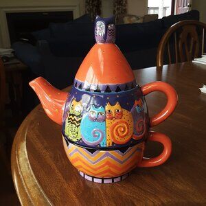 Laurel Burch For GANZ / CAT LOVERS Feline 3-PC Teapot Cup Tea for One Signed New
